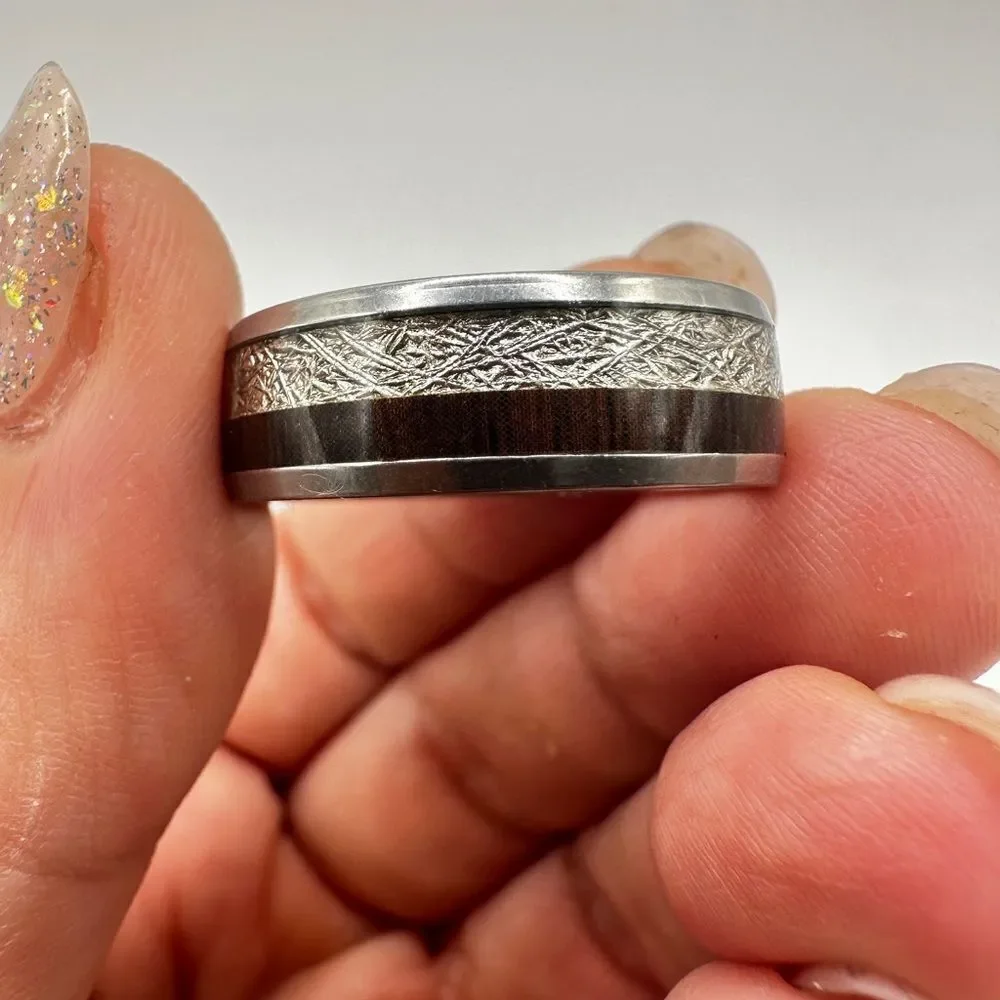 Men's size‎ 12.5 silver with resin/high polish scroll design, wood/ arrow ring!